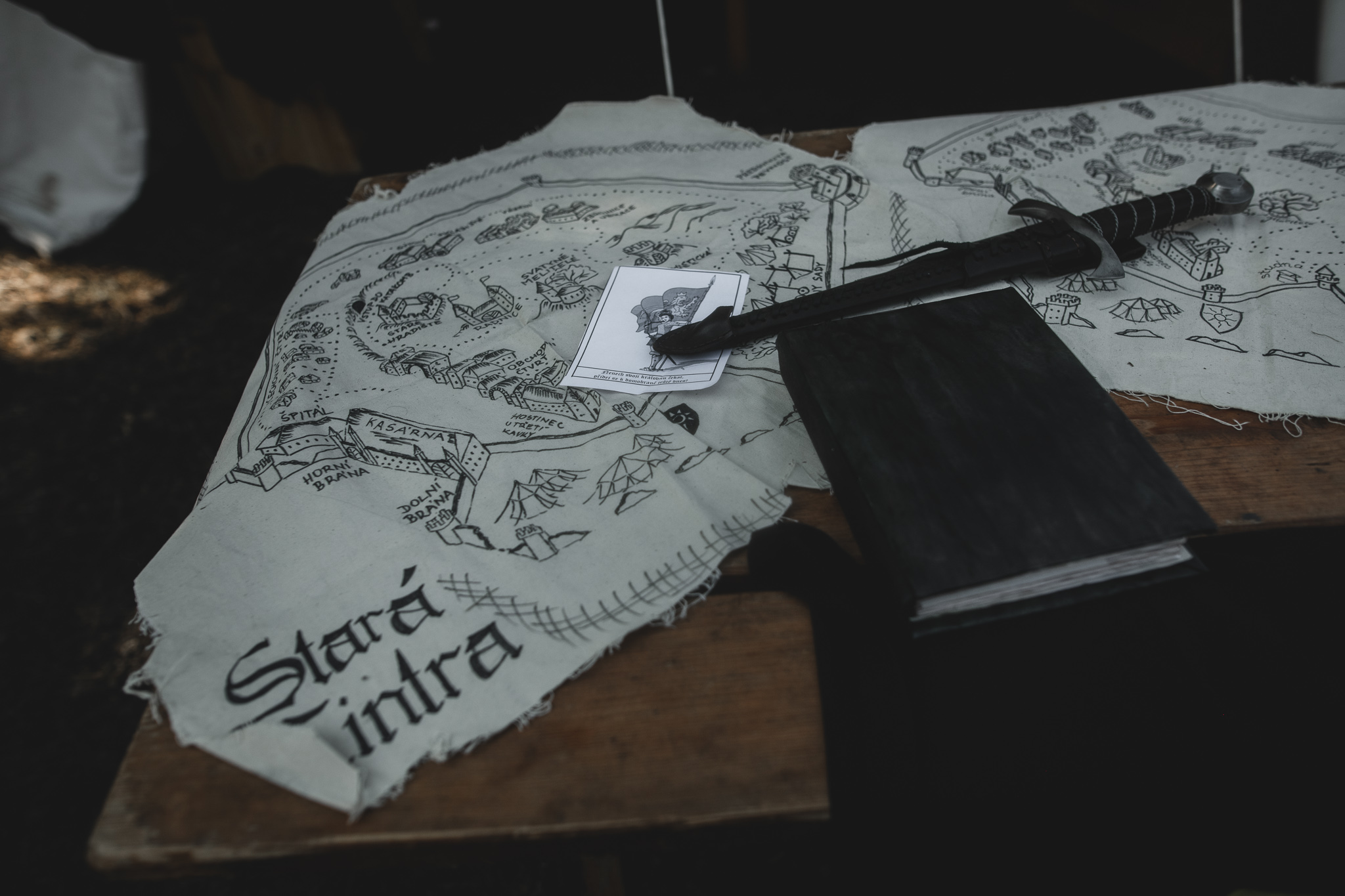 Adeptus LARP hand-drawn map and props